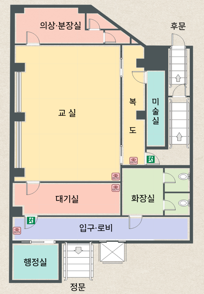 방과후교실 스튜디오 도면: 교실, 복도, 대기실, 의상·분장실 배치